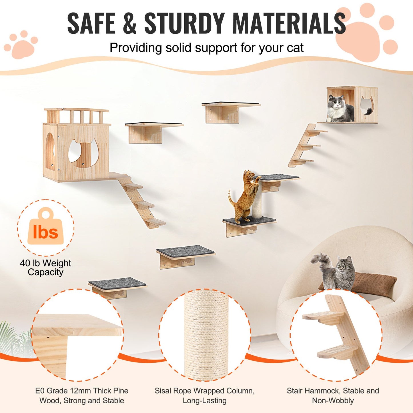 Wall Mounted Cat Shelves Tree with Jumping Boards Nests Hammock Set of 9