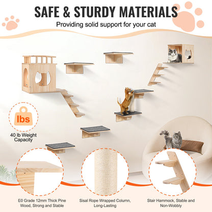 Wall Mounted Cat Shelves Tree with Jumping Boards Nests Hammock Set of 9