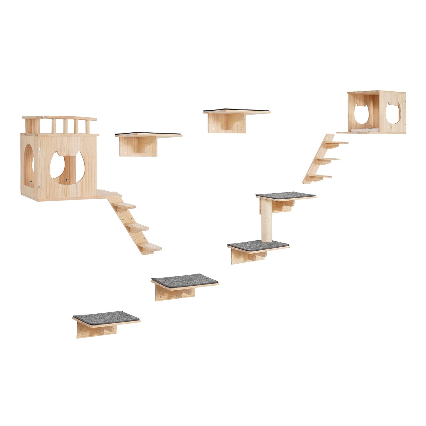 Wall Mounted Cat Shelves Tree with Jumping Boards Nests Hammock Set of 9