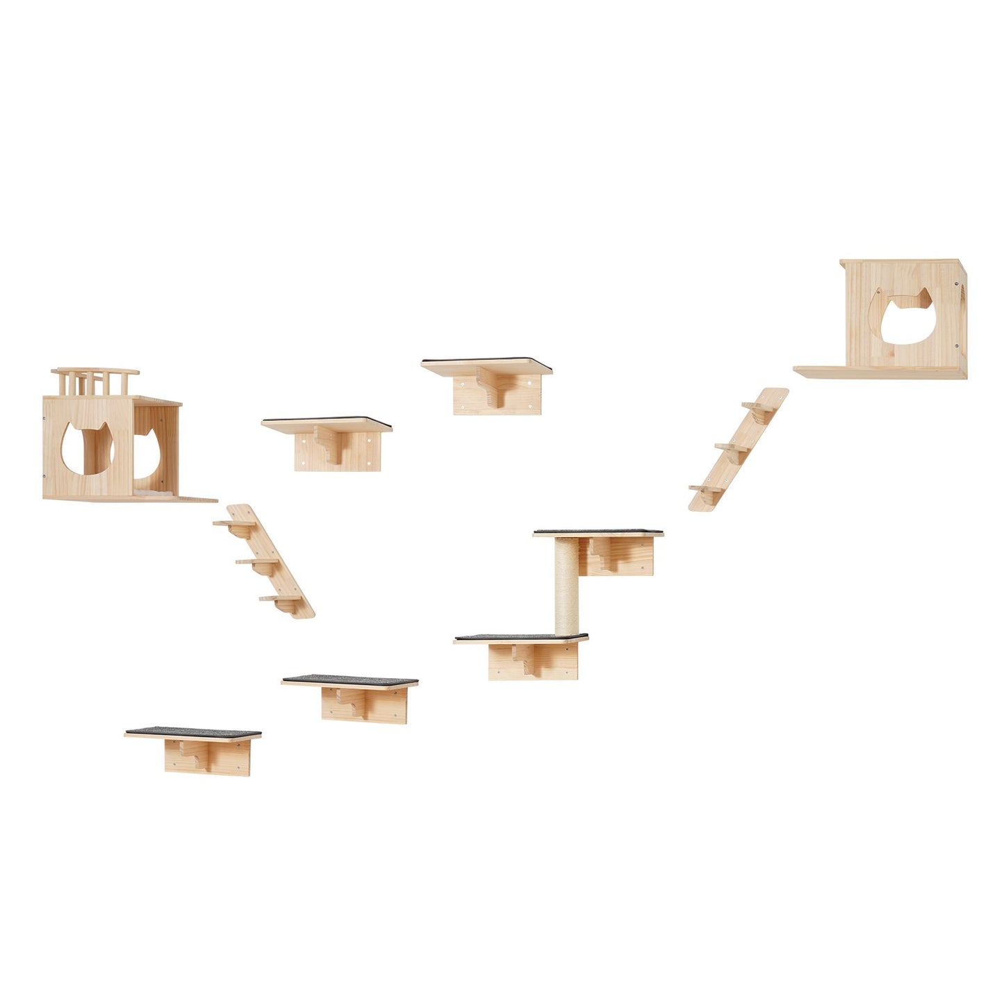 Wall Mounted Cat Shelves Tree with Jumping Boards Nests Hammock Set of 9