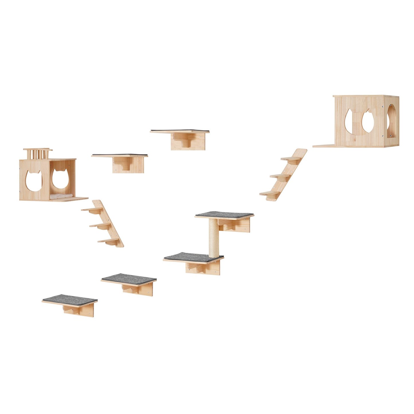 Wall Mounted Cat Shelves Tree with Jumping Boards Nests Hammock Set of 9