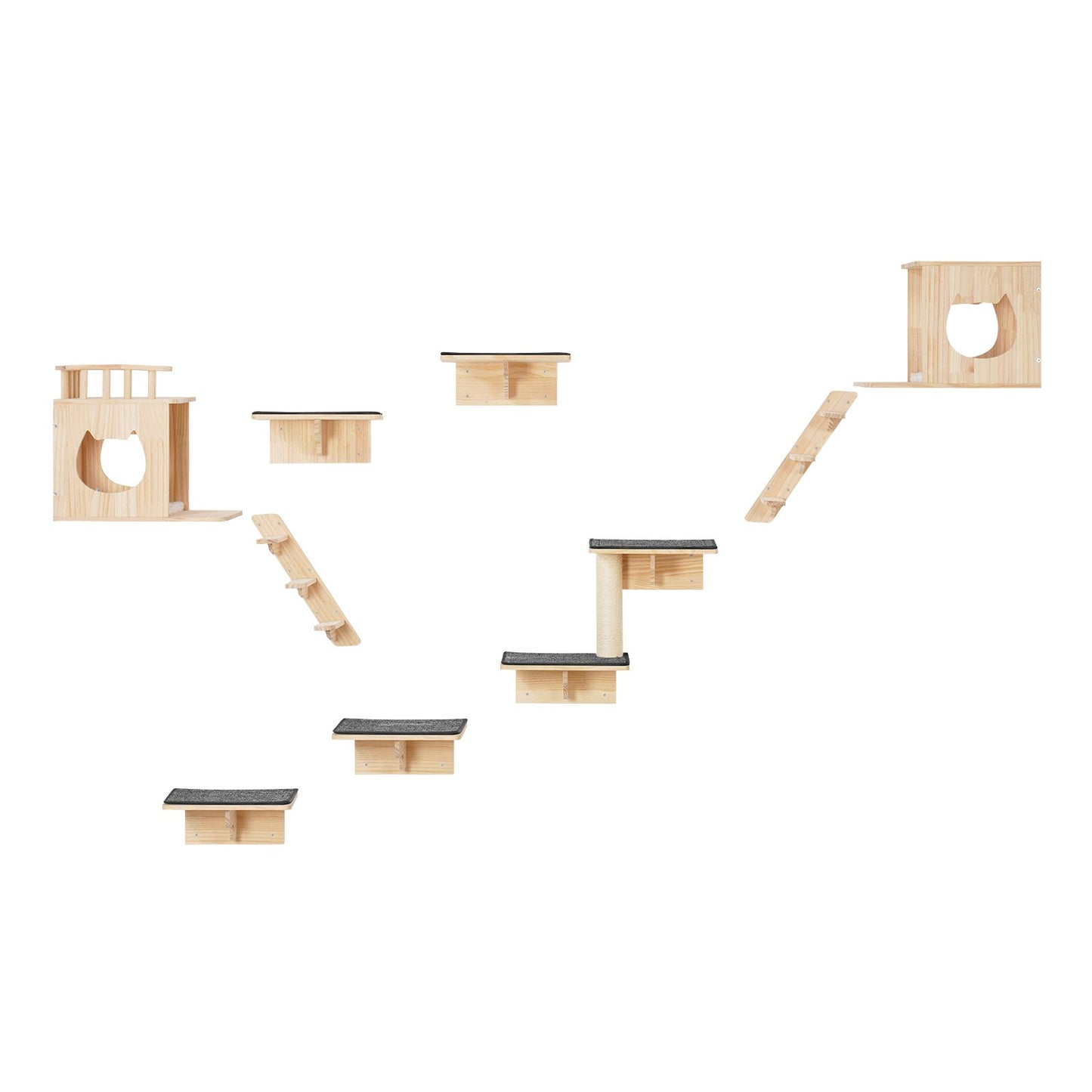 Wall Mounted Cat Shelves Tree with Jumping Boards Nests Hammock Set of 9