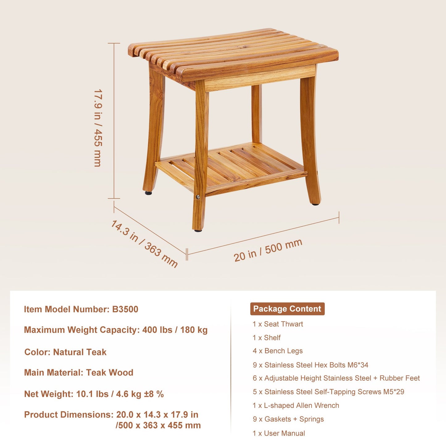Teak shower bench 20 x 14.3 x 17.9 wooden shower stool chair for bathroom