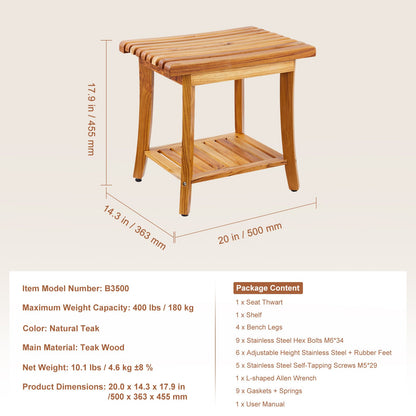 Teak shower bench 20 x 14.3 x 17.9 wooden shower stool chair for bathroom