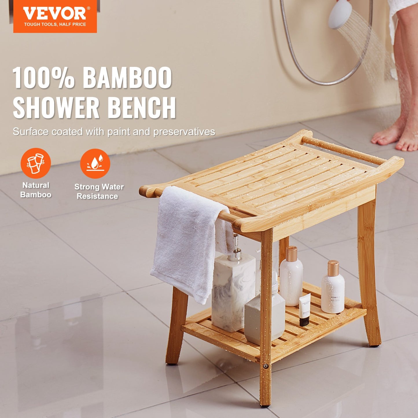 Bambu duschbänk 24 x 13,8 x 18,9 i duschpallsstol för badrum