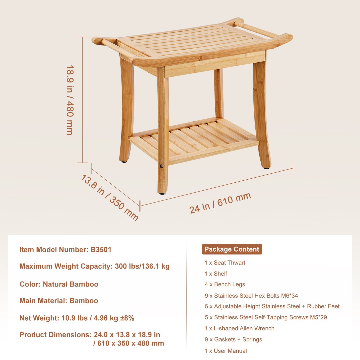 Bambu duschbänk 24 x 13,8 x 18,9 i duschpallsstol för badrum