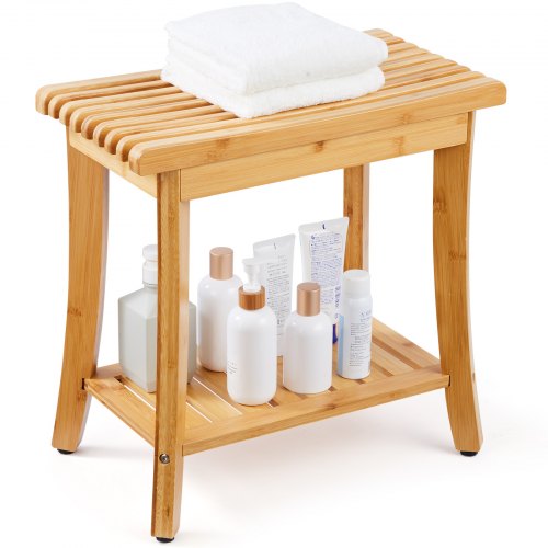 Bamboo Shower Bench, 19.1 x 11.3 x 18.3 in, Waterproof Shower Stool Chair with Storage Shelf, 330lbs Load Capacity Spa Bath Seat Organizer, for Adults Seniors Women Elderly Indoor Outdoor