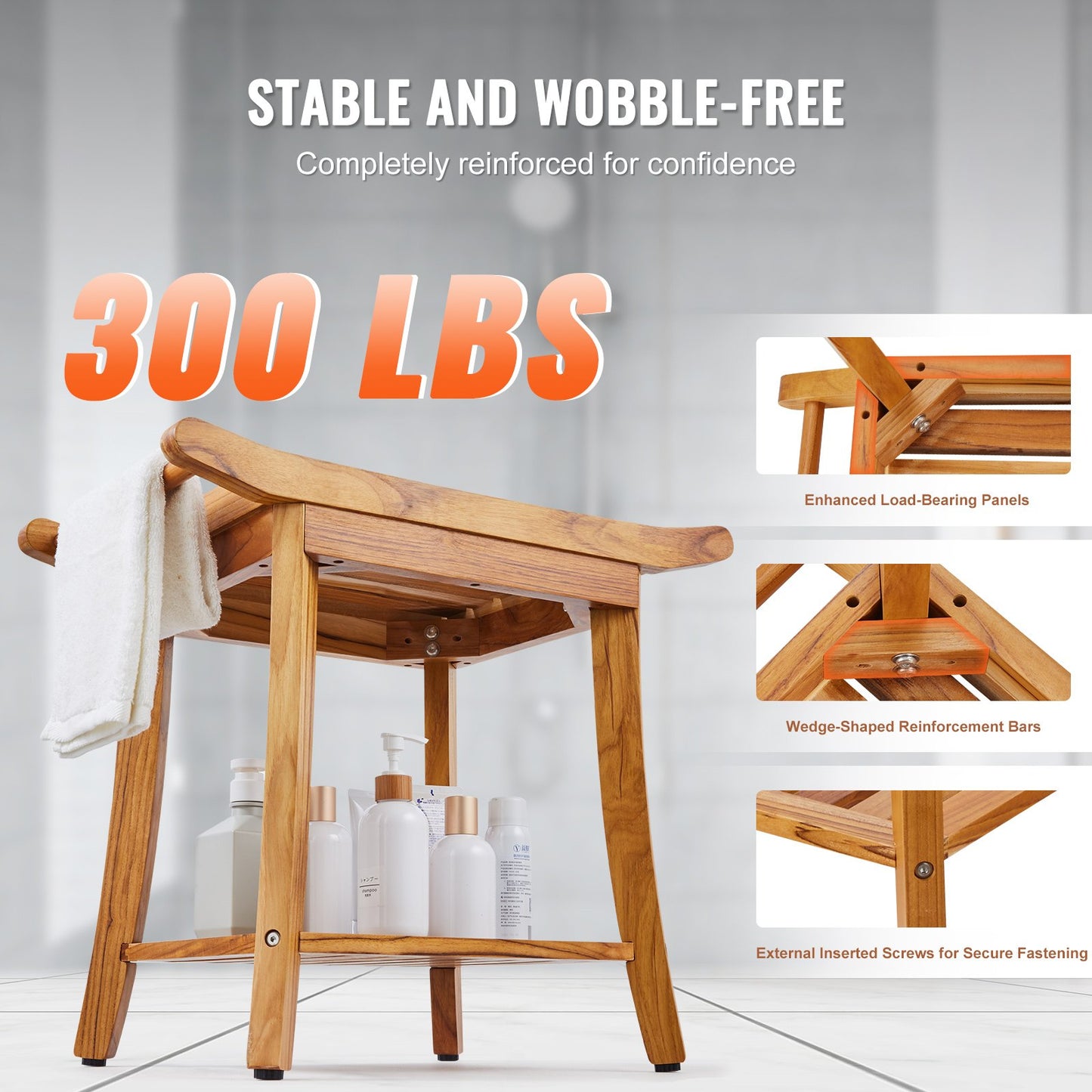Duschbänk i teak 22 x 14,4 x 18,5 i trä duschpallsstol för badrum