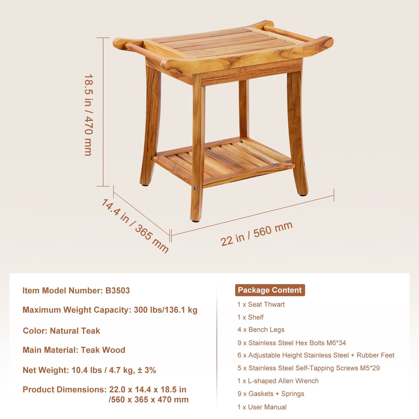 Duschbänk i teak 22 x 14,4 x 18,5 i trä duschpallsstol för badrum