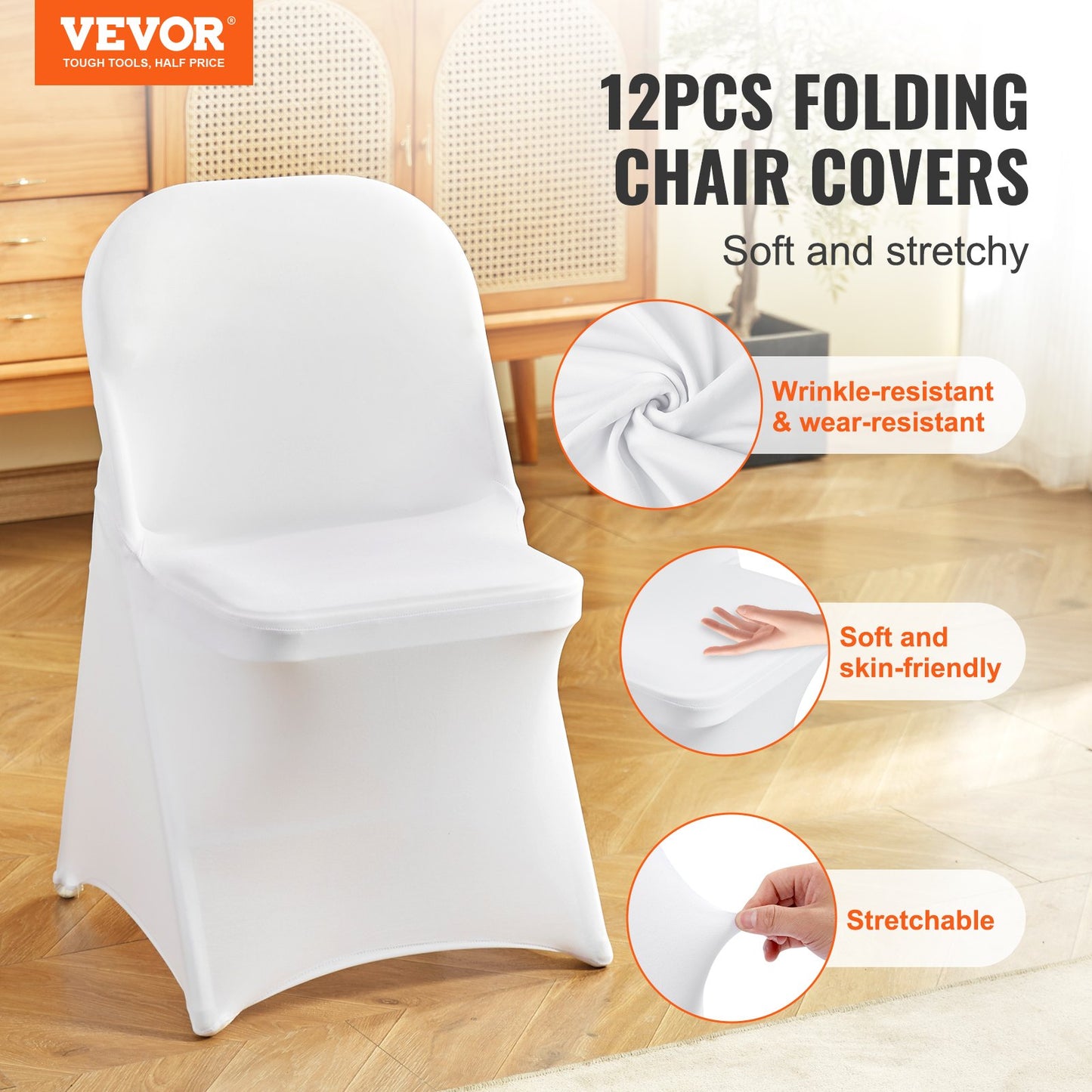12PCS White Stretch Spandex Chair Covers, Foldable Kitchen Chair Covers, Universal Washable Slipcovers, Removable Chair Covers, for Wedding Party Dining Banquet Events