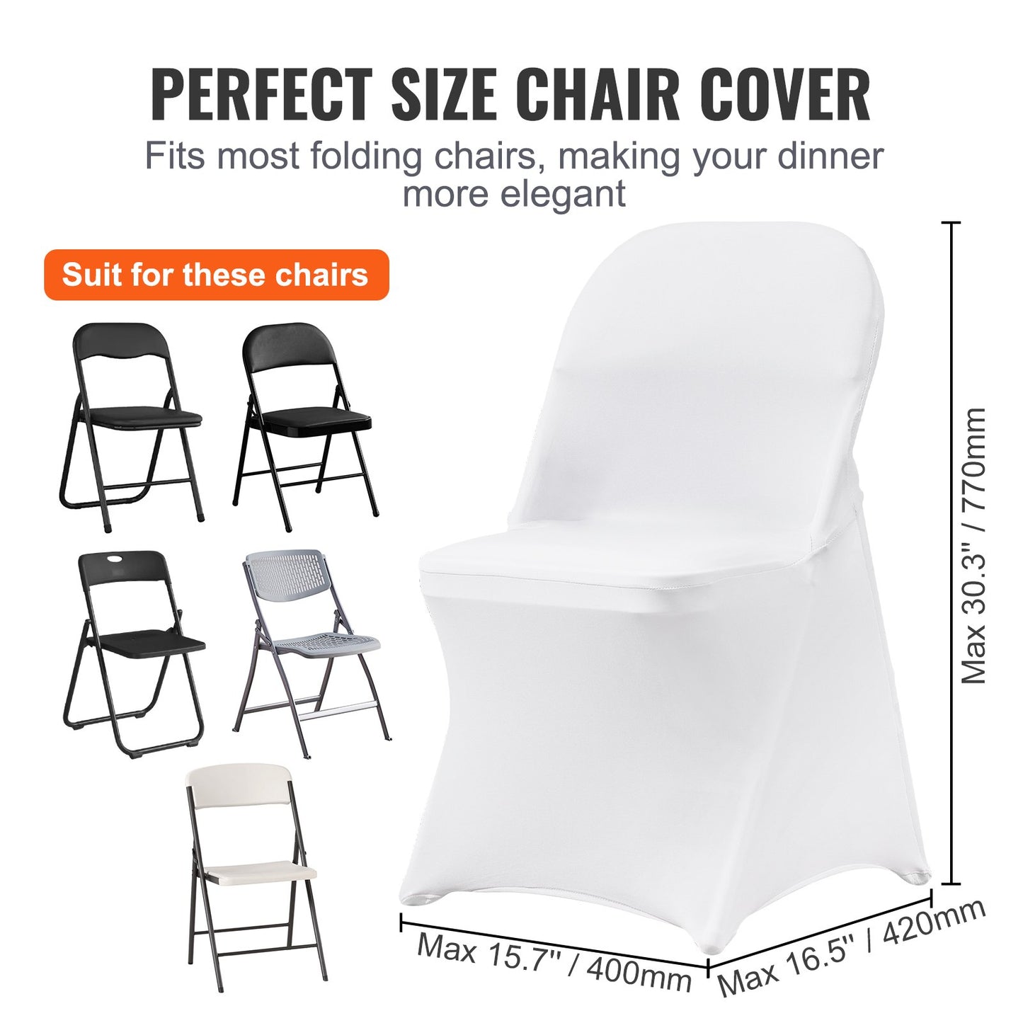 12PCS White Stretch Spandex Chair Covers, Foldable Kitchen Chair Covers, Universal Washable Slipcovers, Removable Chair Covers, for Wedding Party Dining Banquet Events