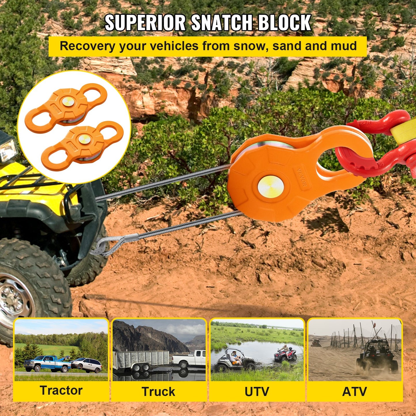 Umlenkrolle, 11 t/25.000 lbs Arbeitslastgrenze, Hochleistungs-Windenrolle für 0,55 Zoll/14 mm synthetisches Seil oder weiche Schäkel, Offroad-Bergezubehör für Traktor, LKW, ATV und UTV, 2er-Pack