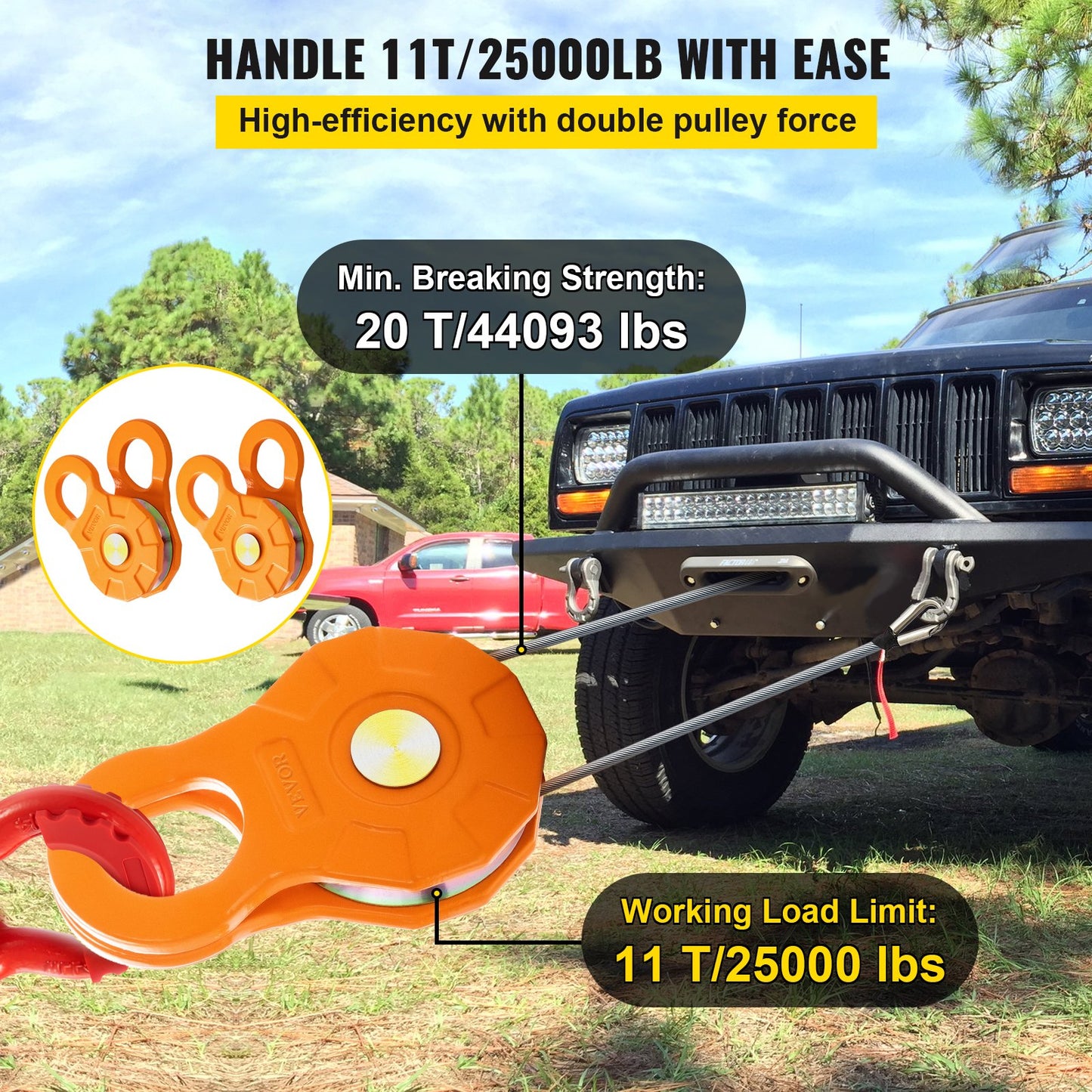 Umlenkrolle, 11 t/25.000 lbs Arbeitslastgrenze, Hochleistungs-Windenrolle für 0,55 Zoll/14 mm synthetisches Seil oder weiche Schäkel, Offroad-Bergezubehör für Traktor, LKW, ATV und UTV, 2er-Pack