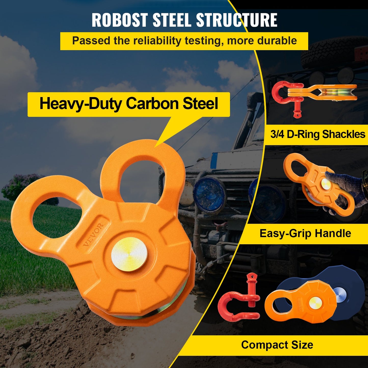 Umlenkrolle, 11 t/25.000 lbs Arbeitslastgrenze, Hochleistungs-Windenrolle für 0,55 Zoll/14 mm synthetisches Seil oder weiche Schäkel, Offroad-Bergezubehör für Traktor, LKW, ATV und UTV, 2er-Pack