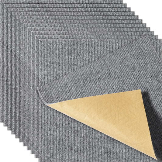 Abziehbare und aufklebbare Teppichfliesen, 30,5 x 30,5 cm große Quadrate, selbstklebender Teppichboden, weich gepolsterte Teppichfliesen, einfach zu installieren, DIY, für Schlafzimmer, Wohnzimmer, drinnen und draußen (12 Fliesen, hellgrau)