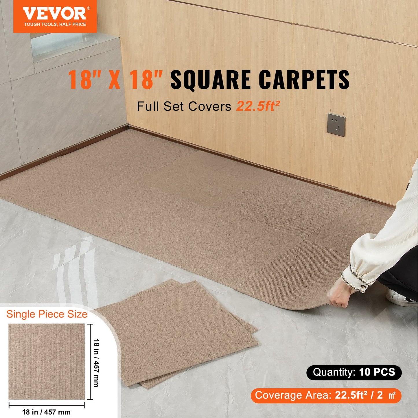 Carpet Tiles Peel and Stick, 18" x 18" Square Self-Adhesive Carpet Floor Tiles, Soft Padded Rugs, Easy Install DIY for Bedroom Living Room Indoor Outdoor (10 Tiles, Light Brown)