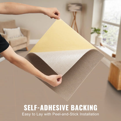Carpet Tiles Peel and Stick, 18" x 18" Square Self-Adhesive Carpet Floor Tiles, Soft Padded Rugs, Easy Install DIY for Bedroom Living Room Indoor Outdoor (10 Tiles, Light Brown)