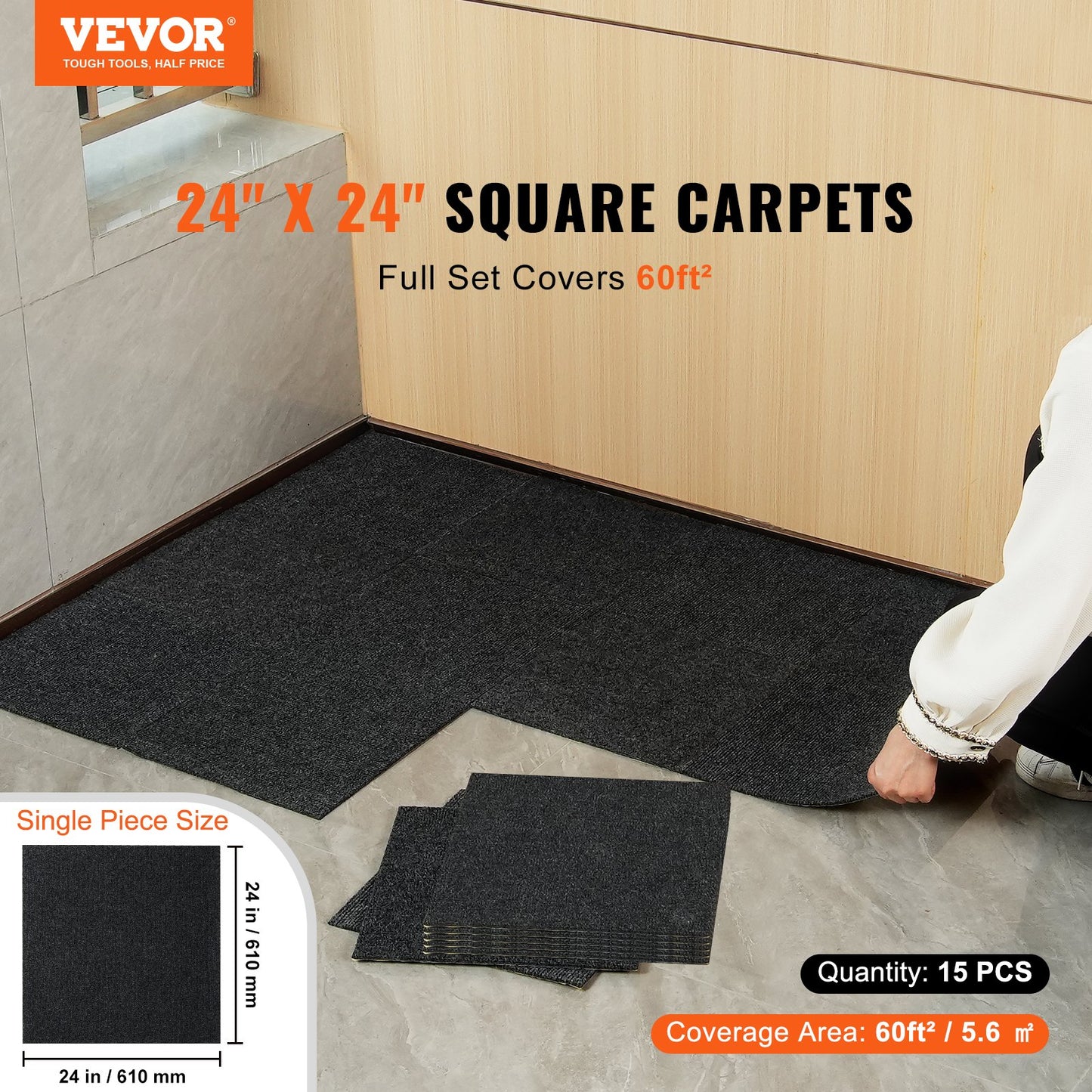 Carpet Tiles Peel and Stick, 24" x 24" Square Self-Adhesive Carpet Floor Tiles, Soft Padded Rugs, Easy Install DIY for Bedroom Living Room Indoor Outdoor (15 Tiles, Charcoal Black)