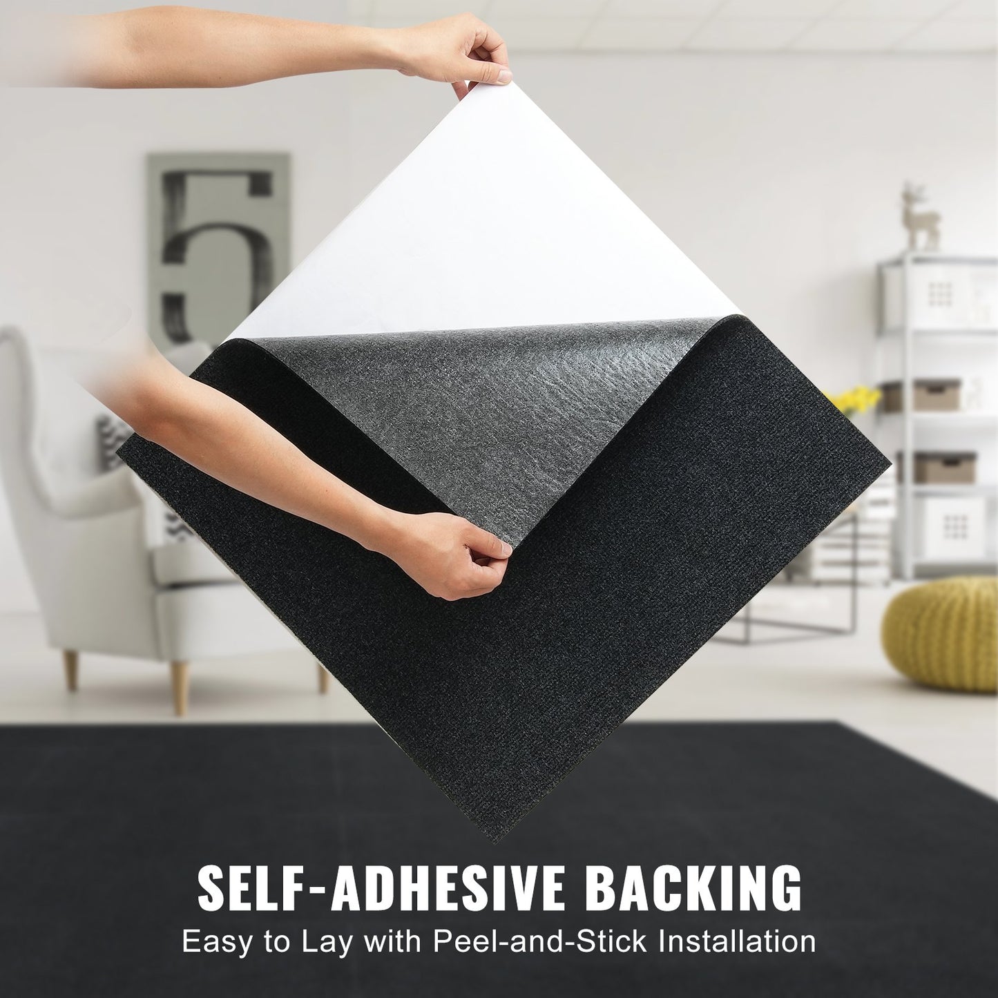 Carpet Tiles Peel and Stick, 24" x 24" Square Self-Adhesive Carpet Floor Tiles, Soft Padded Rugs, Easy Install DIY for Bedroom Living Room Indoor Outdoor (15 Tiles, Charcoal Black)