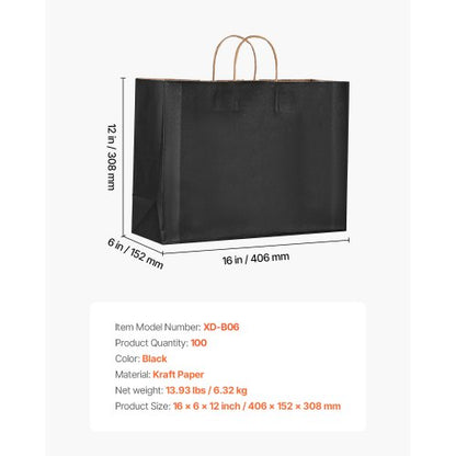 Kraftpapperspåsar med handtag 100 st 16x6x12 i partypåse svart |  EU