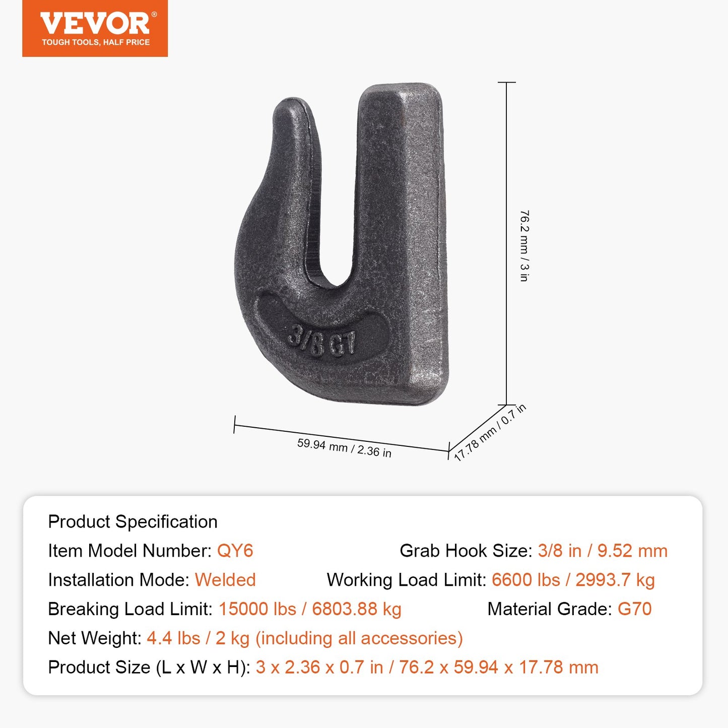 Angeschweißte Greifkettenhaken 3/8" Schlepphaken G70 Traktorhaken aus Schmiedestahl