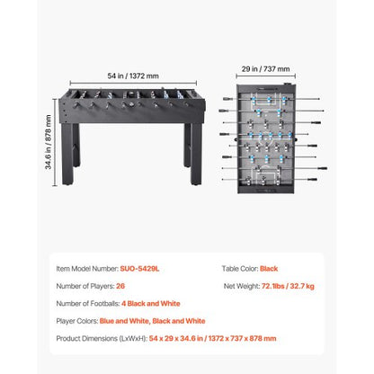 Fotbollsbord, 137 cm standardstorlek, inomhusfotbollsbord i full storlek för hemmet, familjen och spelrummet, hållbart fotbollsset, inkluderar 4 bollar, poänghållare och 2 mugghållare |  EU