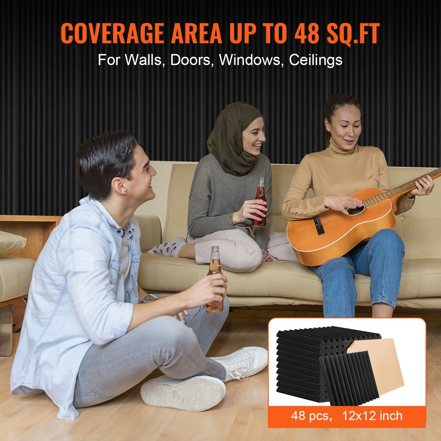 Acoustic foam panels 48-pack 12 x 12 x 1 in adhesive for wall ceilings