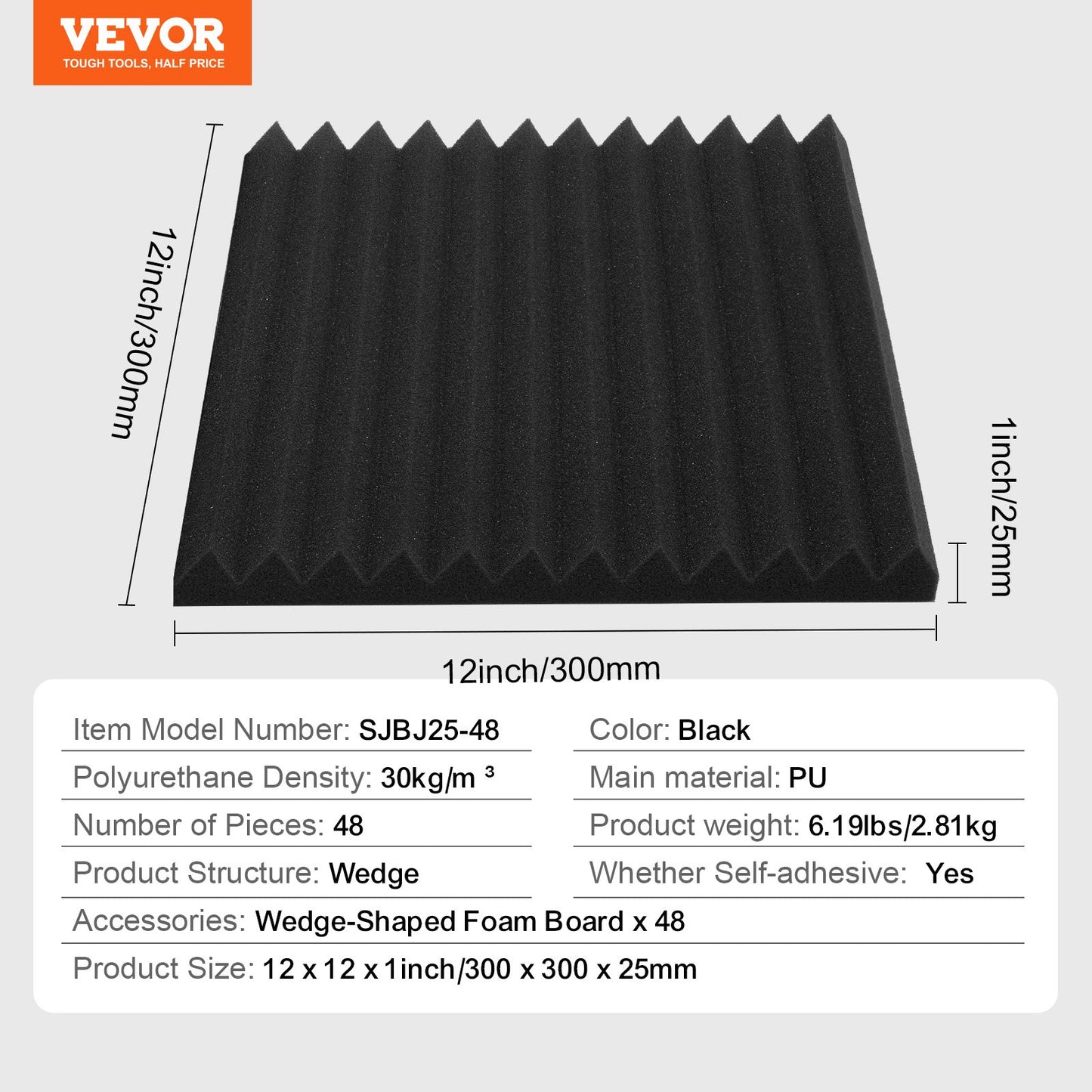 Acoustic foam panels 48-pack 12 x 12 x 1 in adhesive for wall ceilings