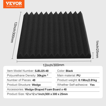 Acoustic foam panels 48-pack 12 x 12 x 1 in adhesive for wall ceilings