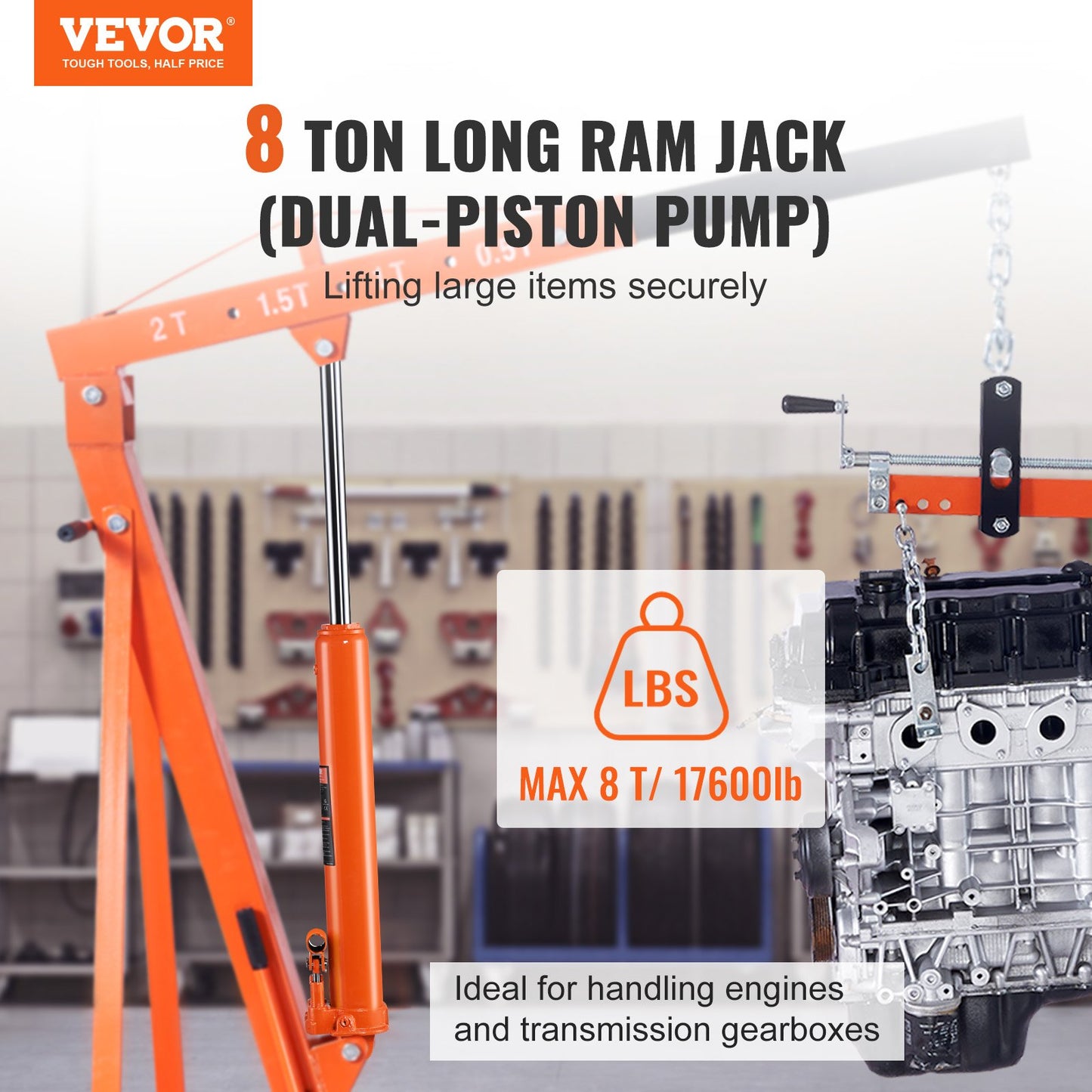 Hydraulic Long Ram Jack, 8 Ton Engine Lift Cylinder with Double Piston Pump and Fork Base, Hydraulic Cylinder for Engine Lifts, Hydraulic Garage/Workshop Cranes, Mechanical, Farm
