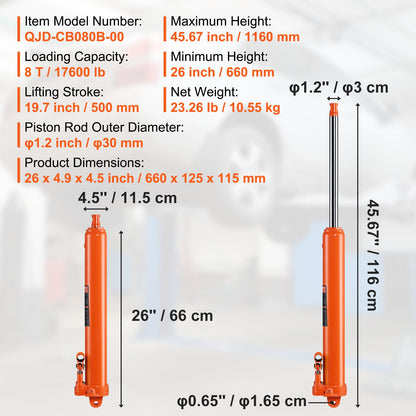 Hydraulic Long Ram Jack, 8 Ton Engine Lift Cylinder with Double Piston Pump and Fork Base, Hydraulic Cylinder for Engine Lifts, Hydraulic Garage/Workshop Cranes, Mechanical, Farm