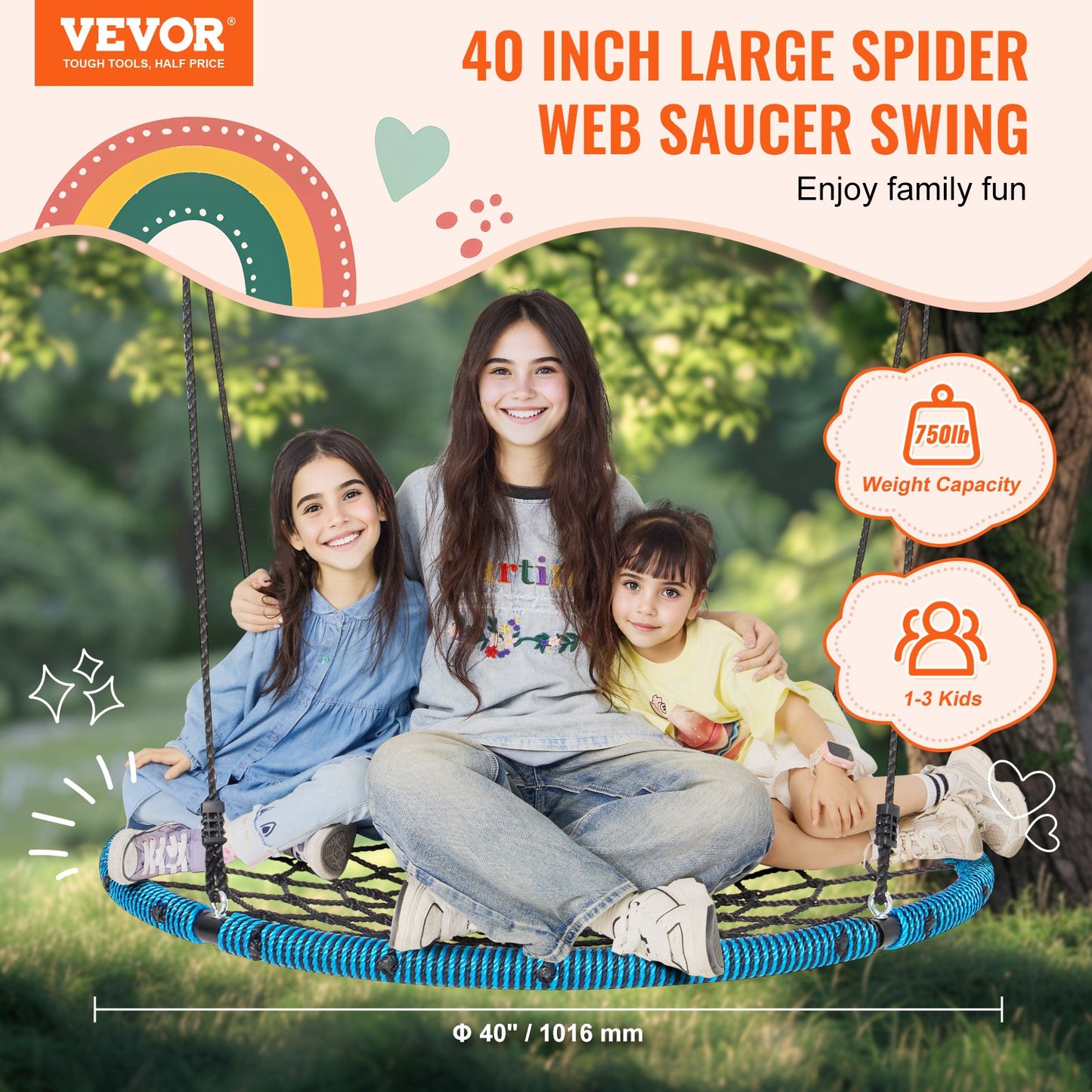 Spider Web Saucer Swing 40 tums runda gungor för barn utomhus 750 lbs