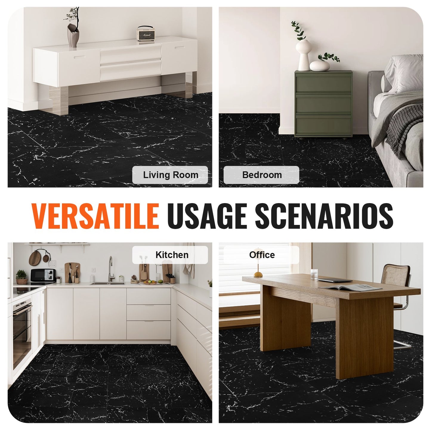 12" x 12" Self Adhesive Vinyl Floor Tiles 50pcs 1.5mm Thick Black Marble