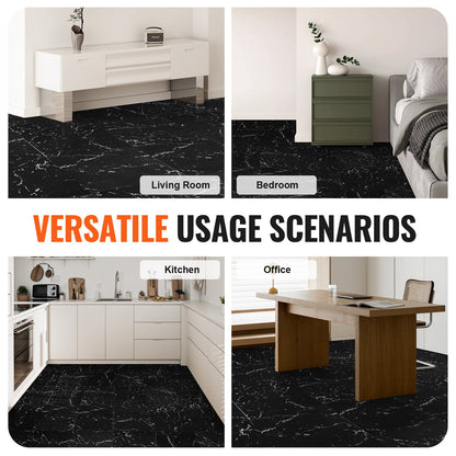 12" x 12" Self Adhesive Vinyl Floor Tiles 50pcs 1.5mm Thick Black Marble