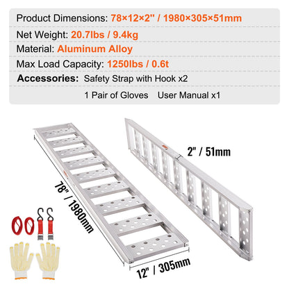 Aluminiumramper, 1250lbs, rak ramp med slitbanor och lastremmar, bärbar lastramp för motorcyklar, terränghjulingar, lastbilar, gräsklippare, Dirt Bike, Trädgårdstraktor, 78"L x 12"W, 2st