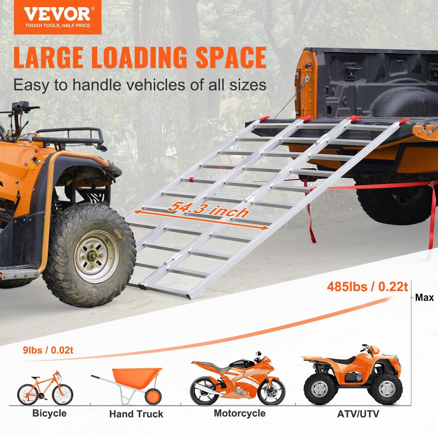 Aluminiumramper, 1500 lbs, trippelfällbar ramp med lastremmar, hopfällbar lastramp för motorcykel, traktor, ATV/UTV, lastbilar, gräsklippare, snöslunga, 77"L x 54"W, 1 st