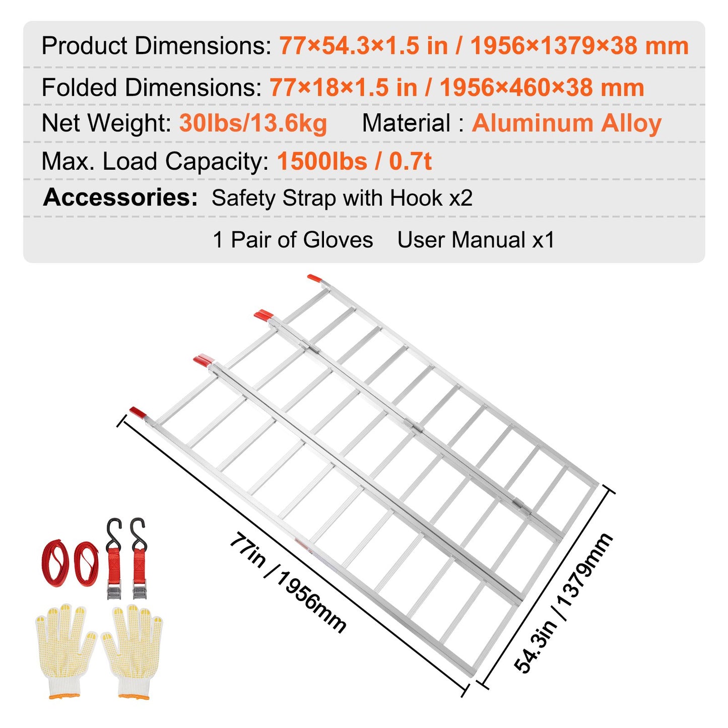 Aluminiumramper, 1500 lbs, trippelfällbar ramp med lastremmar, hopfällbar lastramp för motorcykel, traktor, ATV/UTV, lastbilar, gräsklippare, snöslunga, 77"L x 54"W, 1 st