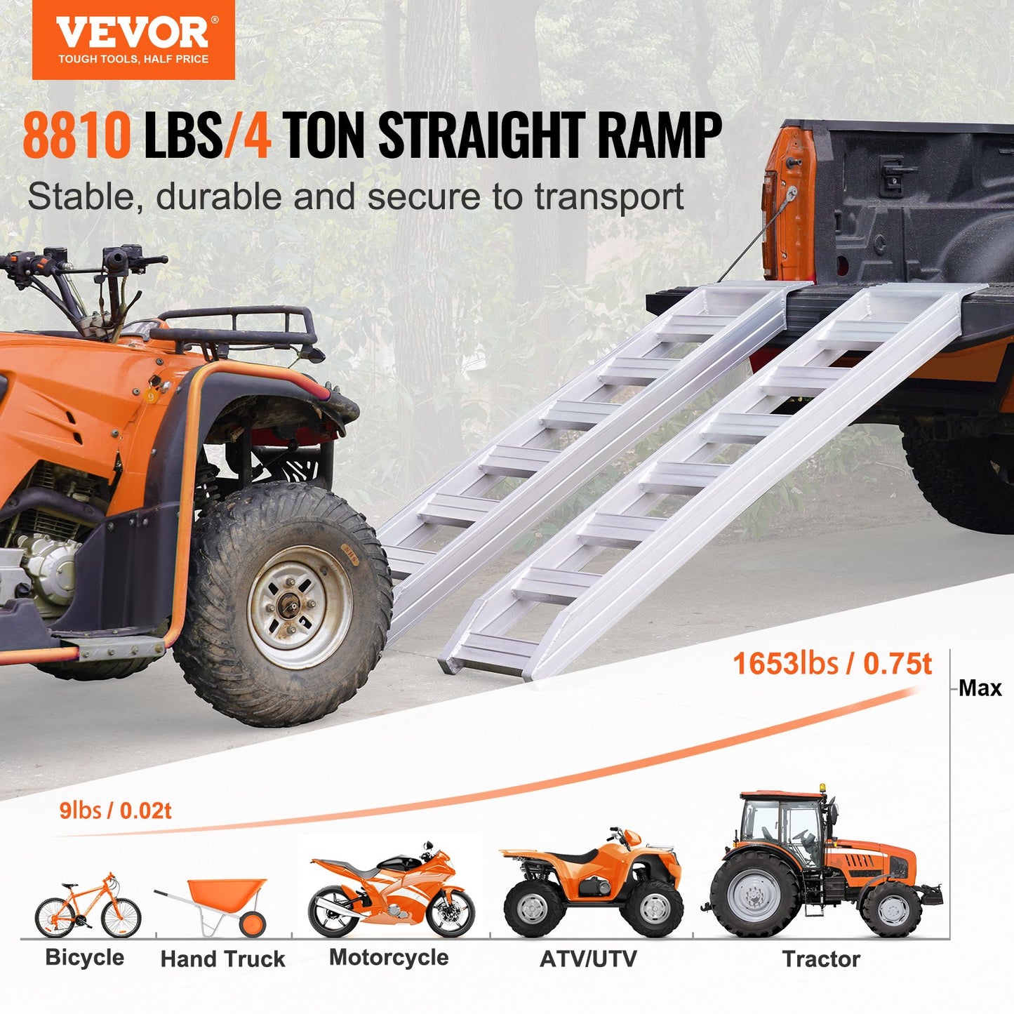 Aluminiumramper, 8810 lbs, kraftiga ramper med övre krokfäste, universell lastramp för motorcykel, traktor, ATV/UTV, lastbilar, gräsklippare, 72"L x 15"W, 2st