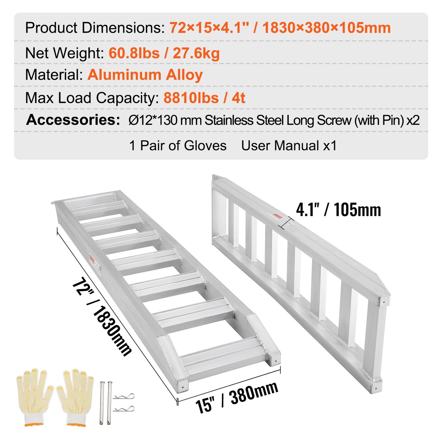 Aluminiumramper, 8810 lbs, kraftiga ramper med övre krokfäste, universell lastramp för motorcykel, traktor, ATV/UTV, lastbilar, gräsklippare, 72"L x 15"W, 2st