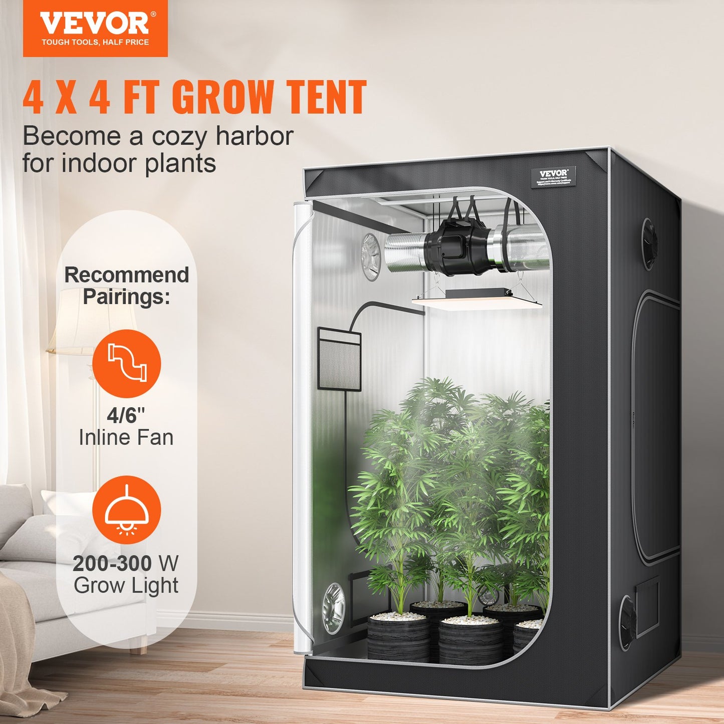 4x4 Grow Tent, 48'' x 48'' x 80'', High Reflective 2000D Mylar Hydroponic Grow Tent with Observation Window, Tool Bag and Floor Tray for Indoor Plant Growing