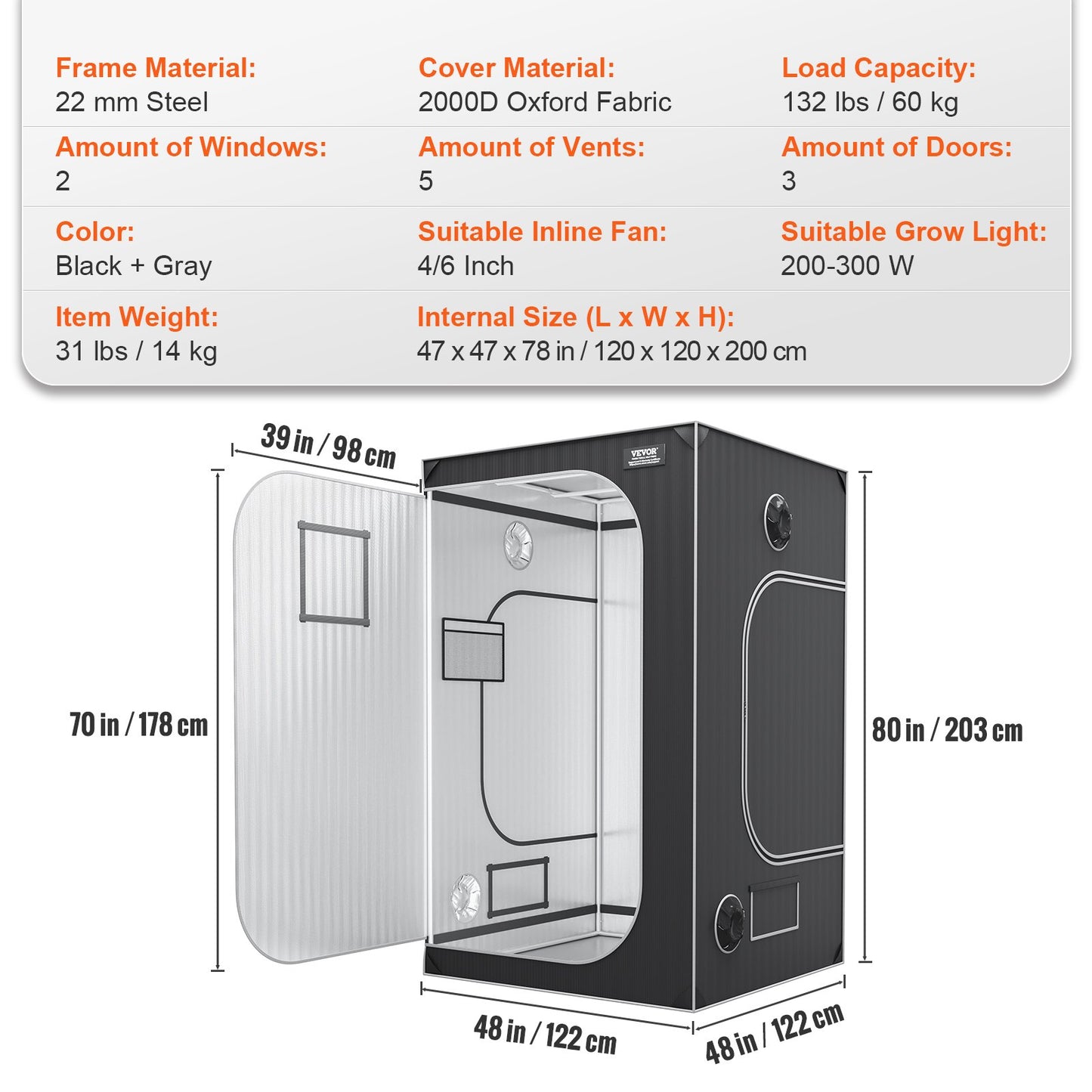 4x4 Grow Tent, 48'' x 48'' x 80'', High Reflective 2000D Mylar Hydroponic Grow Tent with Observation Window, Tool Bag and Floor Tray for Indoor Plant Growing